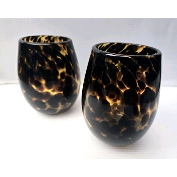 Hand Blown Stemless Tortoise Shell Wine Glass Amber Leopard Pattern Set of 2 - Picture 5 of 12